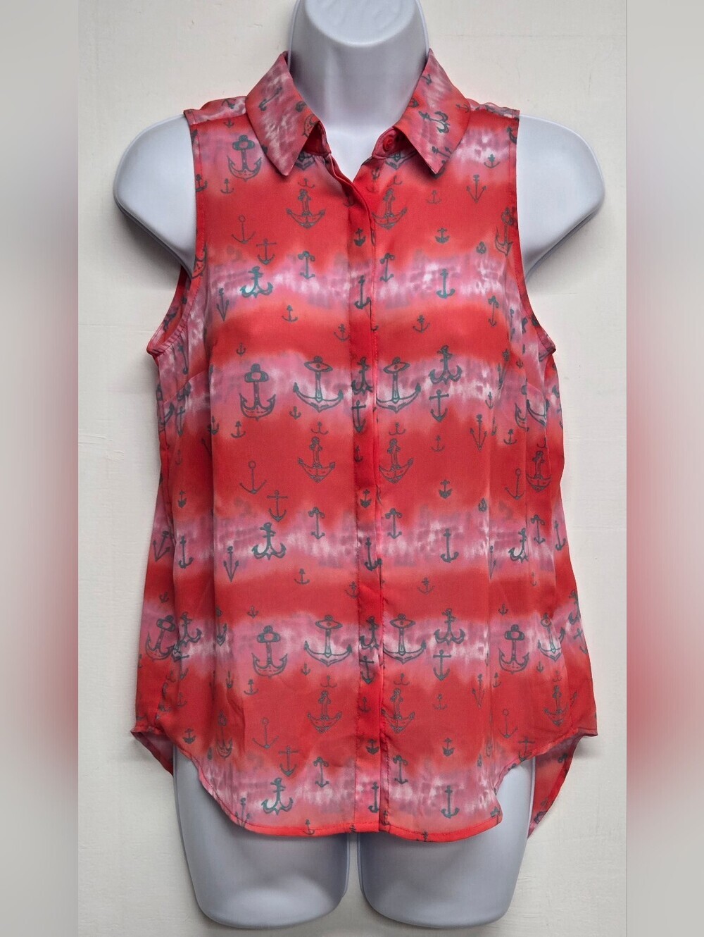 L'Amour S Top Collared Hidden Button Down Sleeveless Split Back Nautical Sheer